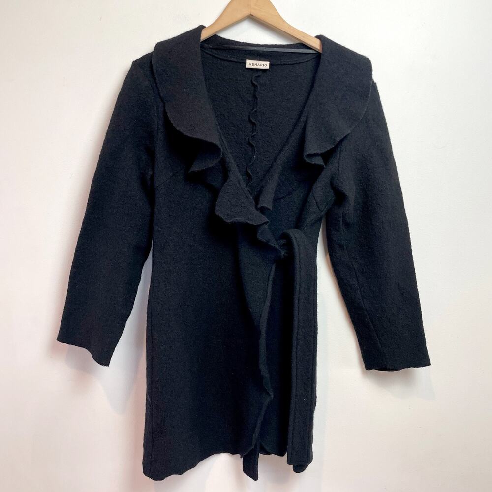 Wool Wrap Coat Cardigan Sweater Large Ruffle Trim‎ Minimalist Quiet Luxury